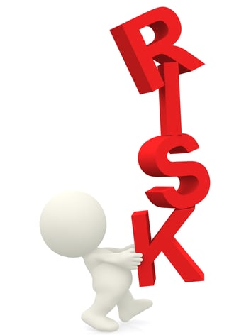 3D person balancing the word risk - isolated over a white background